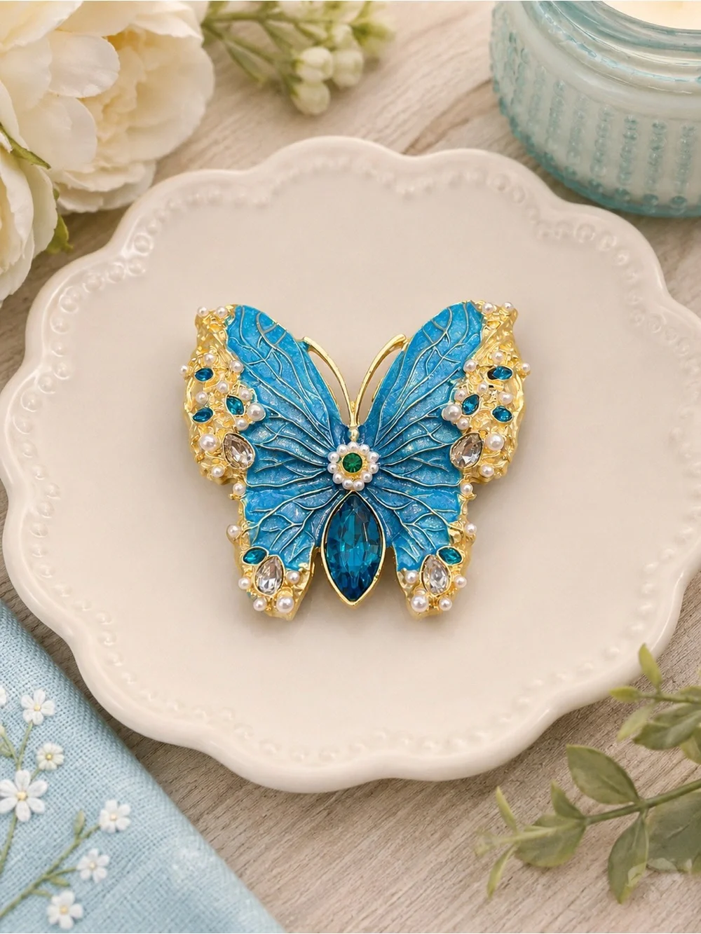Blue Enamel Butterfly Brooch with Faux Pearls & Rhinestones Gold Tone